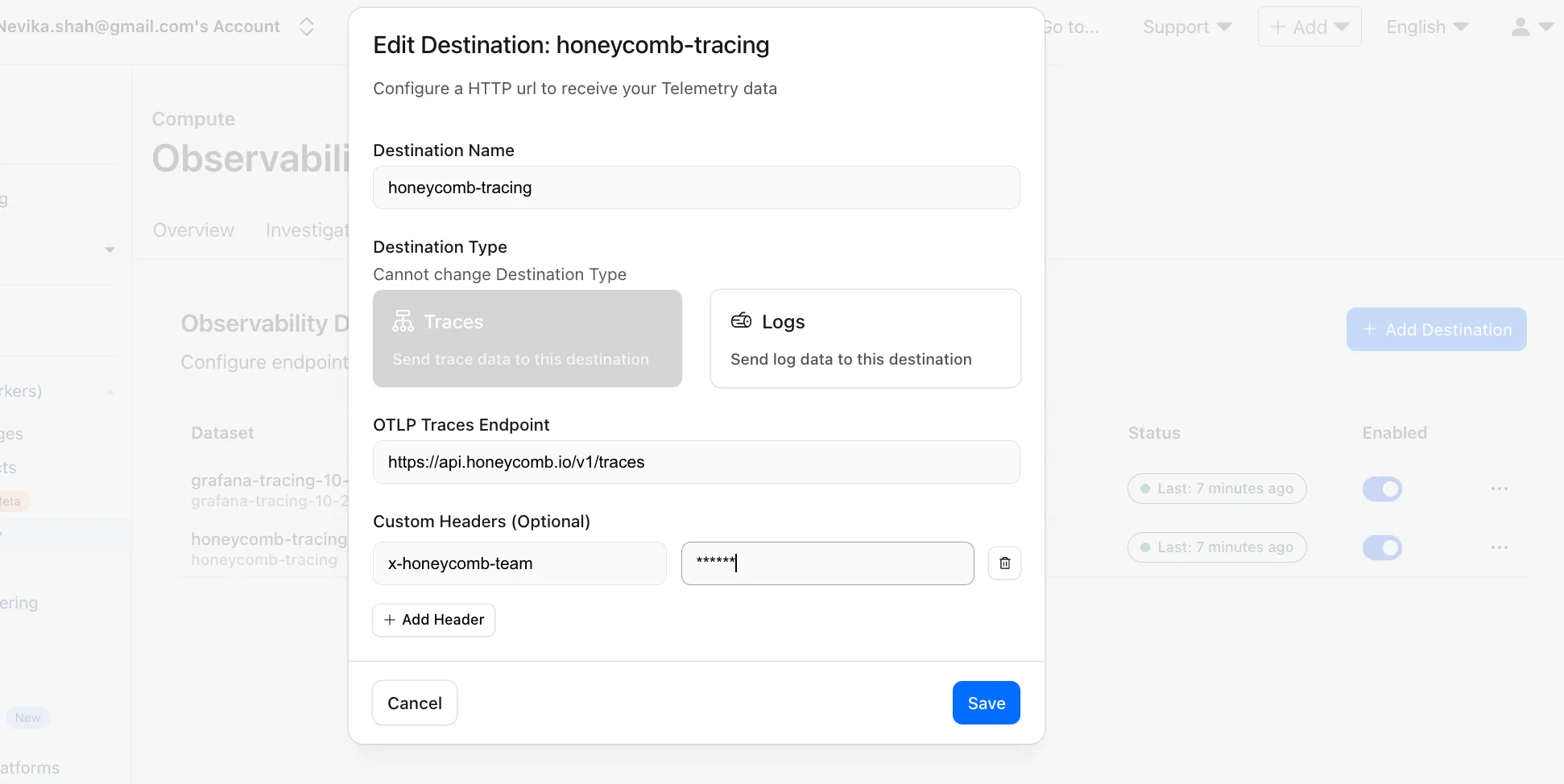 Edit Destination dialog showing configuration for Honeycomb tracing with destination name, type selection, OTLP endpoint, and custom headers