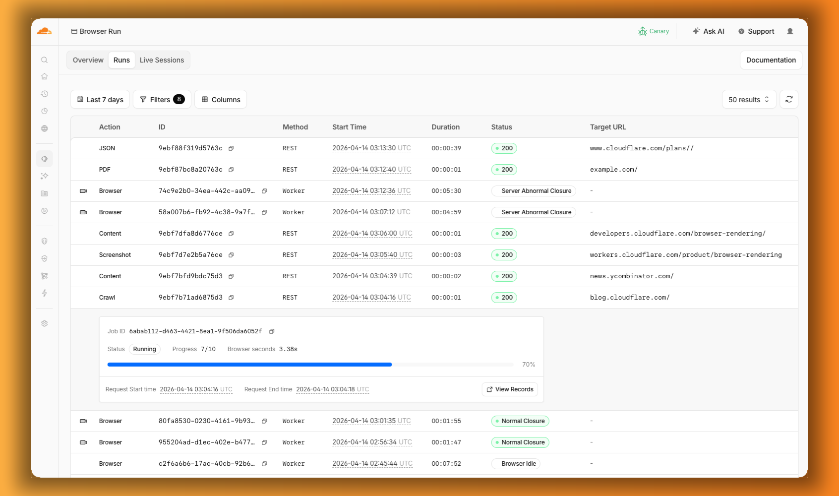 Browser Run dashboard Runs tab with browser sessions and quick actions visible in one list, and an expanded crawl job showing its progress